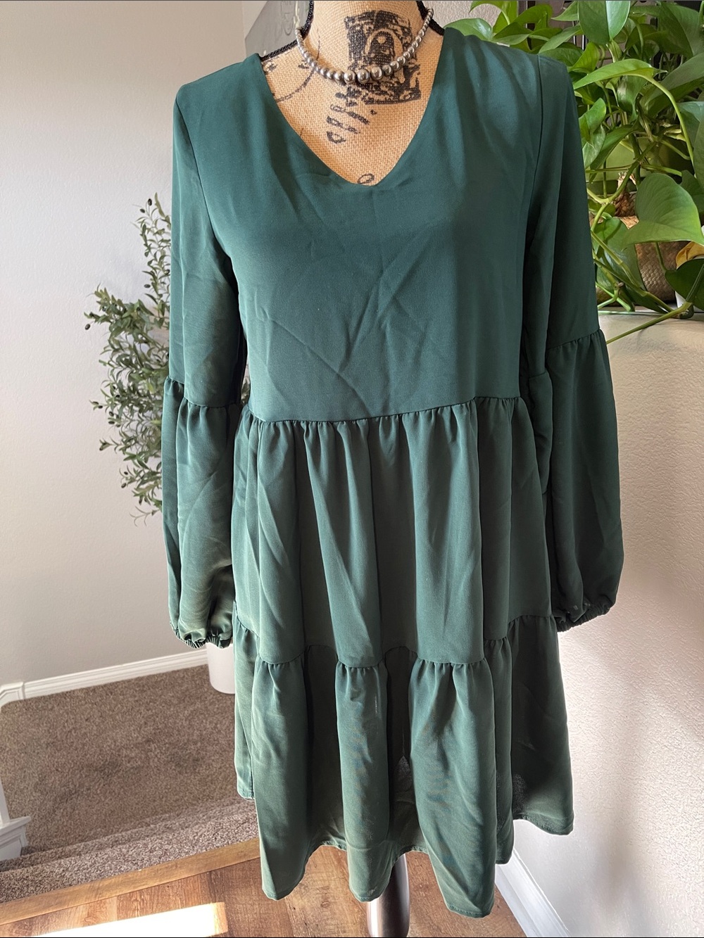 Nordstrom Dark Green Tiered V-Neck Mini Dress